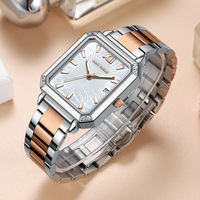 Montre-bracelet à quartz pour femmes, boîtier carré, décor en cristal, marqueur numérique romain, calendrier, bracelet en acier inoxydable, montre-bracelet élégante