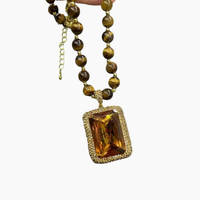 NA2010 Nouveau Design Collier Pendentif Rectangulaire en Strass et Pierre Naturelle Œil de Tigre, Long Collier Perlé, Bijoux Tendance