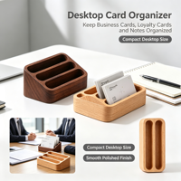 Support de cartes de visite en bois de hêtre naturel, porte-cartes de visite en bois multi-compartiments, présentoir de cartes de visite compact en bois pour bureau