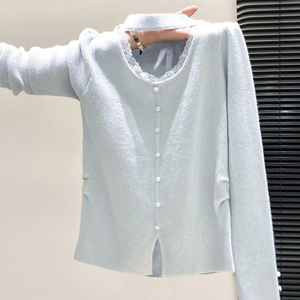 Women Knitted <b>Cardigan</b> Lace Trim Single Breasted Slim Fit <b>Spring</b> Autumn Top Anti Pilling Base Layer - Product Image 1