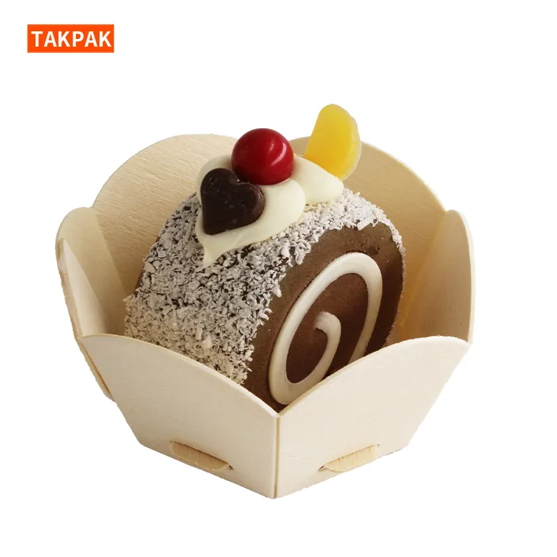 Take Away Boxes Macaron Flower Shape Container Disposable Tart Puff Small Cake Wooden Packaging