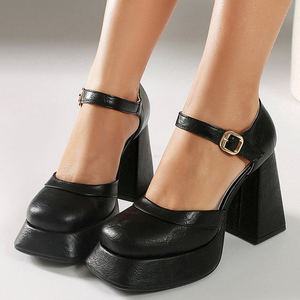 Escarpins à talons épais pour femmes, sandales à découpes avec boucles à la cheville, chaussures de soirée à plateforme épaisse et bout rond - Product Image 3