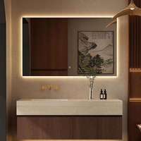 Meuble-lavabo de salle de bain moderne en bois massif OEM avec miroir LED et vasque encastrée