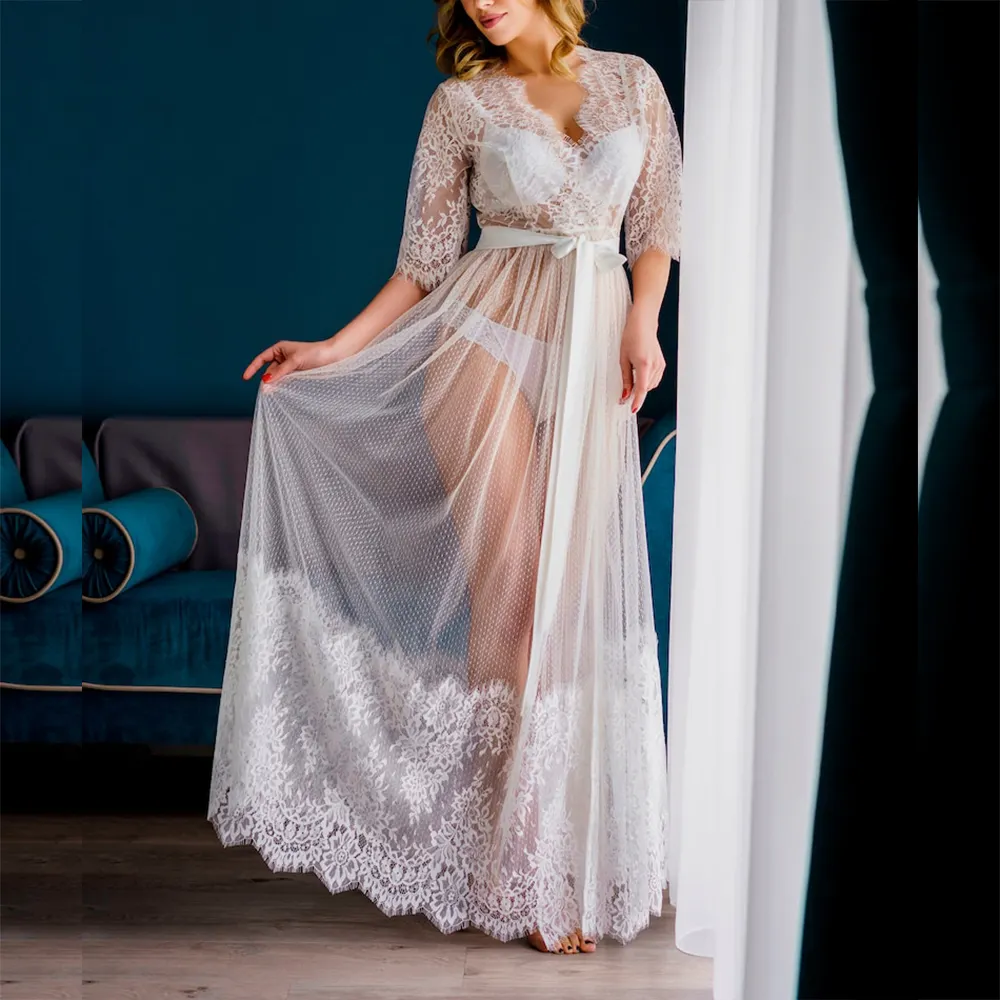 Beta pigiama da sposa lungo in pizzo trasparente personalizzato abito da boudoir in tulle abito da notte di lusso abito da sposa in pizzo bianco da donna