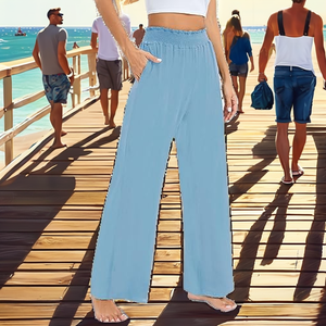 Pantalon en lin et mousseline taille haute ample décontracté pour la plage, taille élastique, été, couleur unie, jambe large, design respirant - Product Image 2