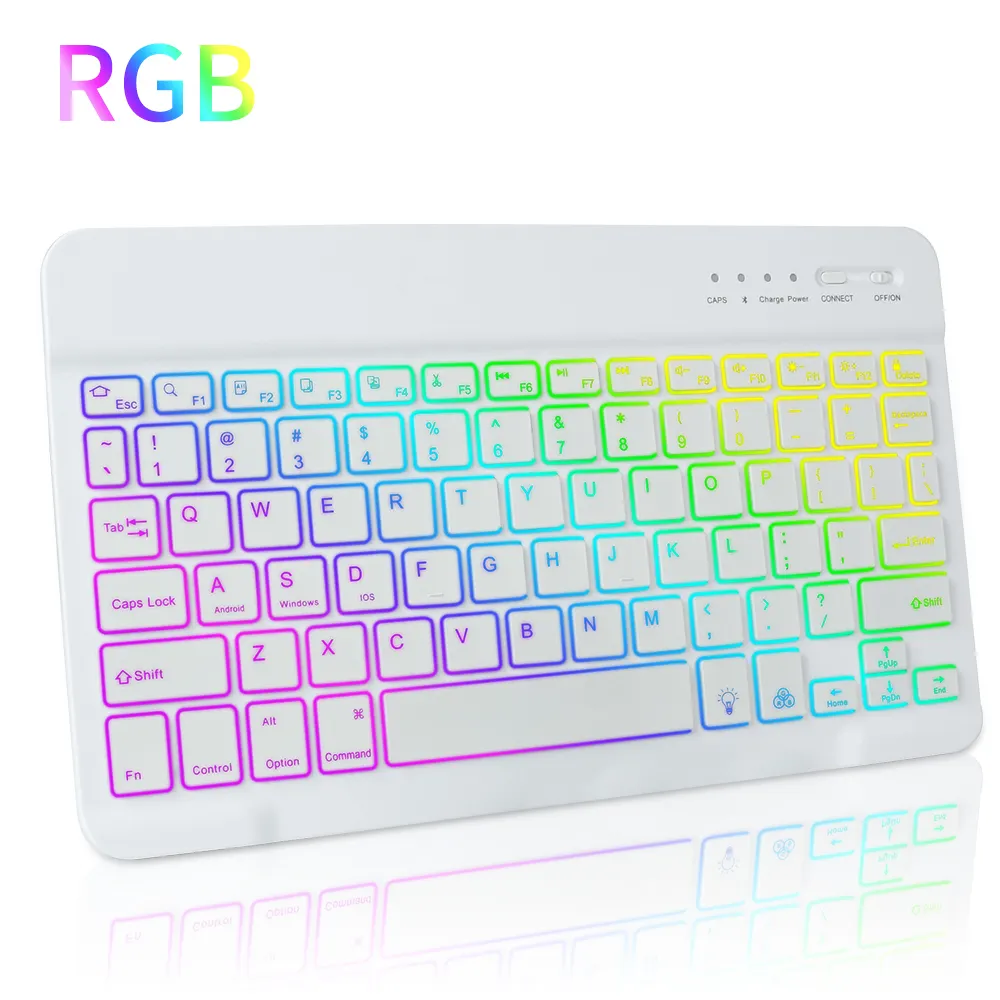 Hot Selling weiße RGB Licht ultra dünne tragbare wiederauf ladbare Mini-Wireless-Tastatur für iPad