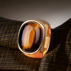 Venta al por mayor minimalista estilo callejero 18K chapado en oro joyería de acero inoxidable geométrico ovalado verde ágata Ojo de Tigre anillo de piedra - Product Image 4