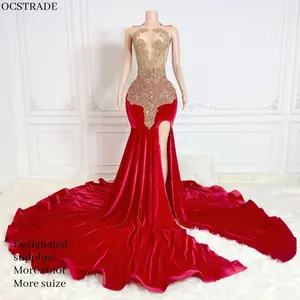 Ocstrade Vestido High Split Red Prom Dresses 2024 Evening Gowns Sexy Ball Gown Rhinestone Dress Woman Bling Sexy Party Dresses