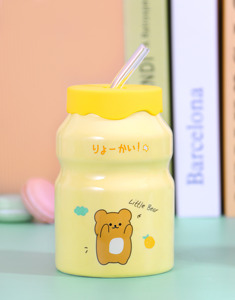 ขวดนมเซรามิคดีไซน์การ์ตูนน่ารัก ขนาด 15 ออนซ์ พร้อมฝาและหลอดดูด แก้วเซรามิค ขวดน้ำ - Product Image 4