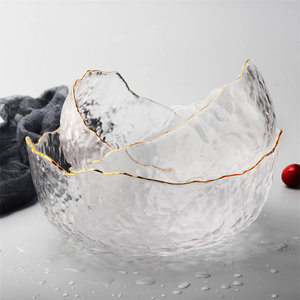 Promotional Gold Edge Irregular Large Tableware Household Serving Glass Salad Fruit Bowl