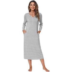 Vente en gros de chemises de nuit pour femmes à manches longues et col en V, vêtements de nuit doux en viscose de bambou avec poches, tailles S à XXL - Product Image 1