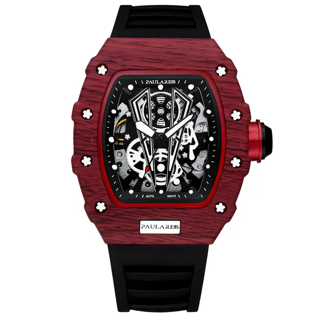 PAULAREIS Fashion Men Automatic Self Wind Skeleton Mechanical Red Black Rubber Strap Richard Fashion Tonneau Hollow Out Watch