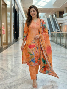 Kurta/Kurti Dupatta en coton à imprimé floral pêche, coupe droite, séchage rapide, sans plis, pour femme, tenue élégante, ethnique, décontractée - Product Image 3