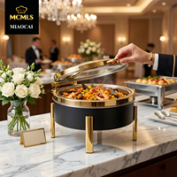Miaocai Plat de service rond en acier inoxydable 304 et verre, avec système de fermeture douce, chauffe-plat de buffet 6L, alimentation hydraulique, pour traiteur, noir et or