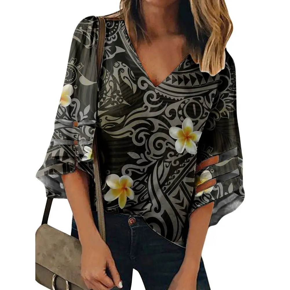 New Design Flores Impressão Tribal Da Polinésia Encabeça Queimado Manga Sexy Decote Em V Mulheres Blusa Chiffon Camisa Moda Roupas Havaianas