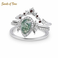 Bague de mariage unique en or K, courbée, avec agate mousse en forme de poire, grenat rouge et moissanite, personnalisée pour femme, vente en gros