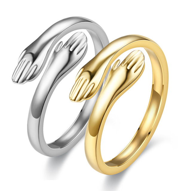 Adjustable Open Promise Hand Hugging Ring 18k Gold Plated Titanium Steel Hug Ring Wholesale