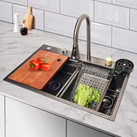 Évier de cuisine multifonction en acier inoxydable avec cascade et robinet