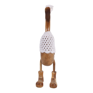 Statuetta di anatra in legno di teak con cappello lavorato a maglia e stivali per decorazioni domestiche - Product Image 3