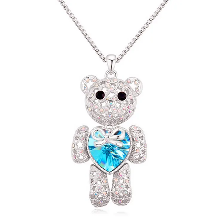 Schattige Dieren Vergulde Sieraden Groothandel Kristal Liefde Hart Bling Bewegende Teddybeer Trui Lange Ketting Ketting Voor Vrouwen