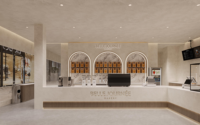 Conception et production sur mesure de l'aménagement intérieur 3D et du mobilier pour pâtisseries modernes, comptoirs et vitrines en verre