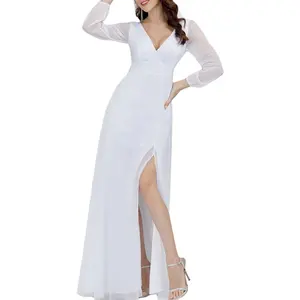 Gaun Pengantin Lengan Panjang, Gaun Kerah V Tinggi Bentuk Huruf A, Cincher Pinggang Sederhana Warna Putih, Gaun Pernikahan Lengan Panjang