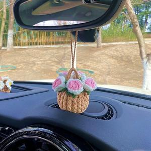 Espejo retrovisor de punto hecho a mano, decoración de flores en maceta, plantas de rosas, espejo de coche de ganchillo, adorno colgante, accesorios para coche - Product Image 5