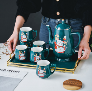 Ensemble de tasses à thé et à café en céramique de luxe nordique, marbre vert foncé - Product Image 1