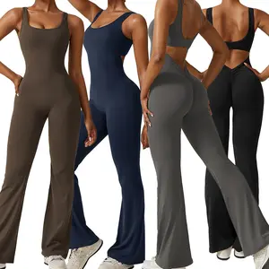 CLT8260 V Back Flare Jumpsuits for Women Built-in Bra Romper Full Length Unitard One Piece Jumpsuits Gym Wear Activewear