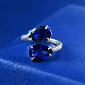 Anel knuckle de dedo prata esterlina 2022, novo anel ajustável de duas peiras em formato de pear, azul, 925