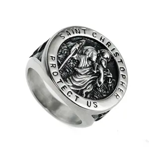 Men's Antiqued Vintage Religious Ring Medal Solid Embossed Saint St. Christopher Protect Us Stainless Steel Ring