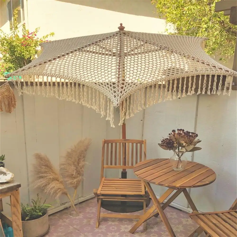 Crochet Patio parapluie en bois fait à la main glands en coton 2.5m Parasol macramé cordes parapluie ouvert avec frange