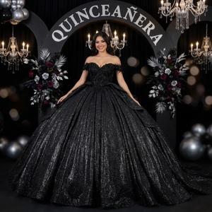 Hmy27 <b>Gothic</b> Black Corset Ball Gown Quinceanera <b>Dress</b> Sparkling Glitter Tulle Layered Bow Detail <b>Evening</b> Gown Jancemebr - Product Image 1