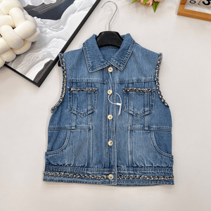 Chaleco vaquero sin mangas para mujer con ribete de tweed, abotonado, corto, informal, a la moda, con bolsillos, para ropa de calle - Product Image 1