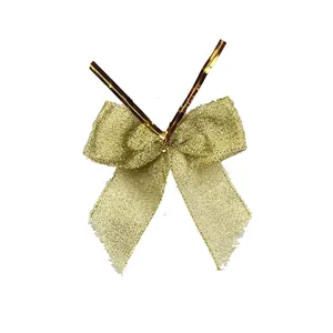 クリスマスやイベント用のツイストタイ付きのカスタマイズ可能なゴールドオーガンザギフトリボンボウ-カスタムロゴ、さまざまな色とサイズ