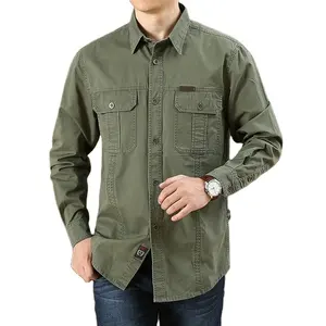 2024 Autumn 100% Cotton Green Uniform Twill Long Sleeve Plus Size Cargo Shirt For Men
