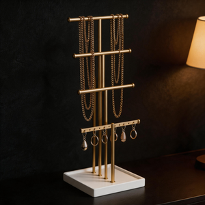 Modern Vertical Jewelry Display Rack 4-Tier Metal <b>Stand</b> with Polished Finish for Necklace and Earrings <b>Desktop</b> Storage - Product Image 1