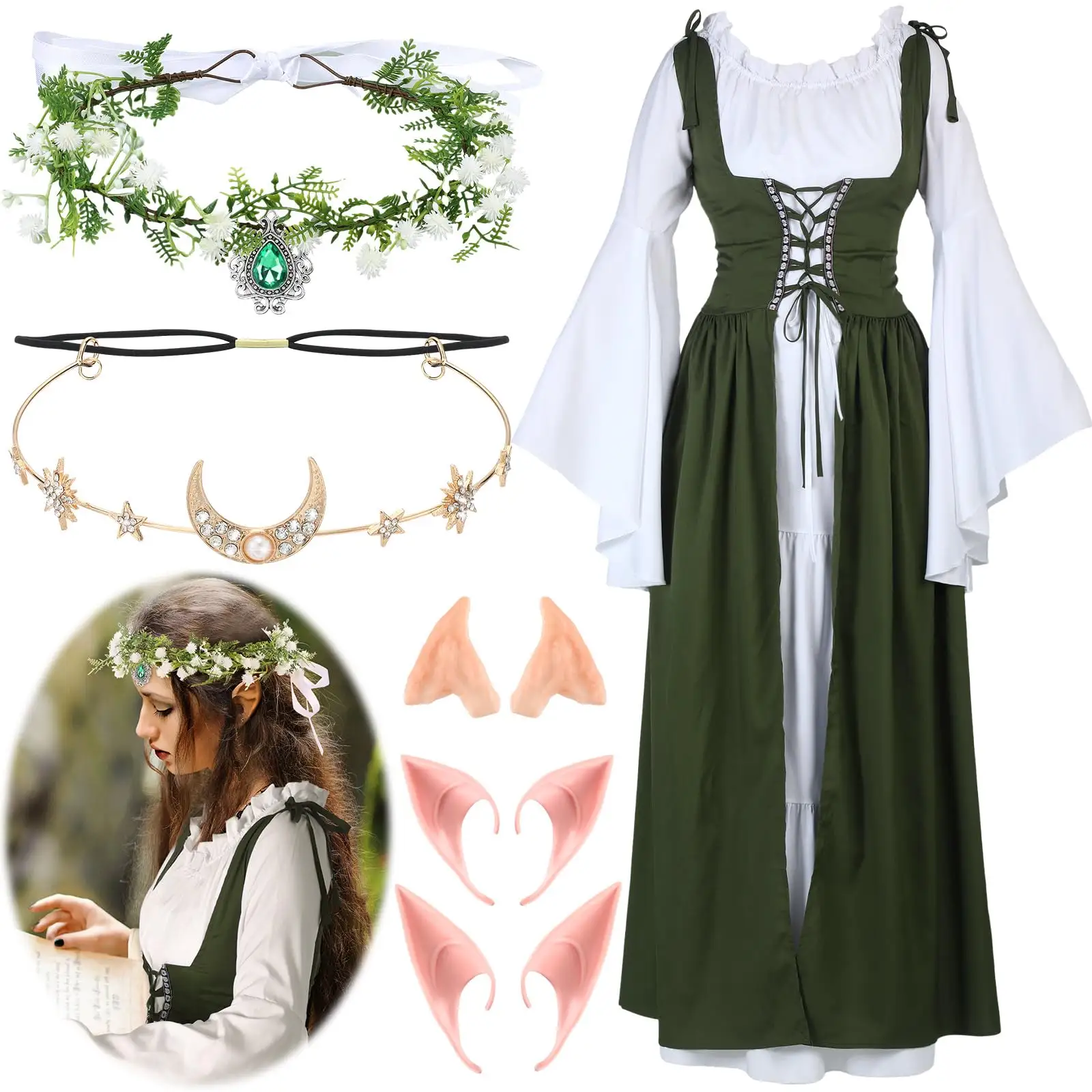 हेलोवीन पोशाक महिला पुनर्जागरण पोशाक एल्फ कानों के साथ परी क्राउन हेलोवीन पार्टी पोशाक