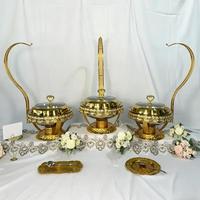Matériel de restauration pour restaurants : Réchauds de buffet de luxe de 8 litres en acier inoxydable, à alimentation au combustible, dorés et ornés, pour banquets et buffets suspendus
