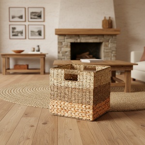 Ensemble de paniers en jacinthe d'eau au design moderne et écologique pour l'organisation et le rangement, paniers en algues marines avec poignées, étagères, rangement en cubes - Product Image 5