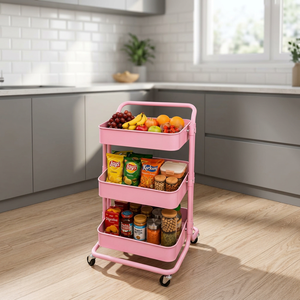 Pink Three-Layer Metal Storage Cart With Wheels For Kitchen Organization Modern Utility <b>Trolley</b> - Product Image 5