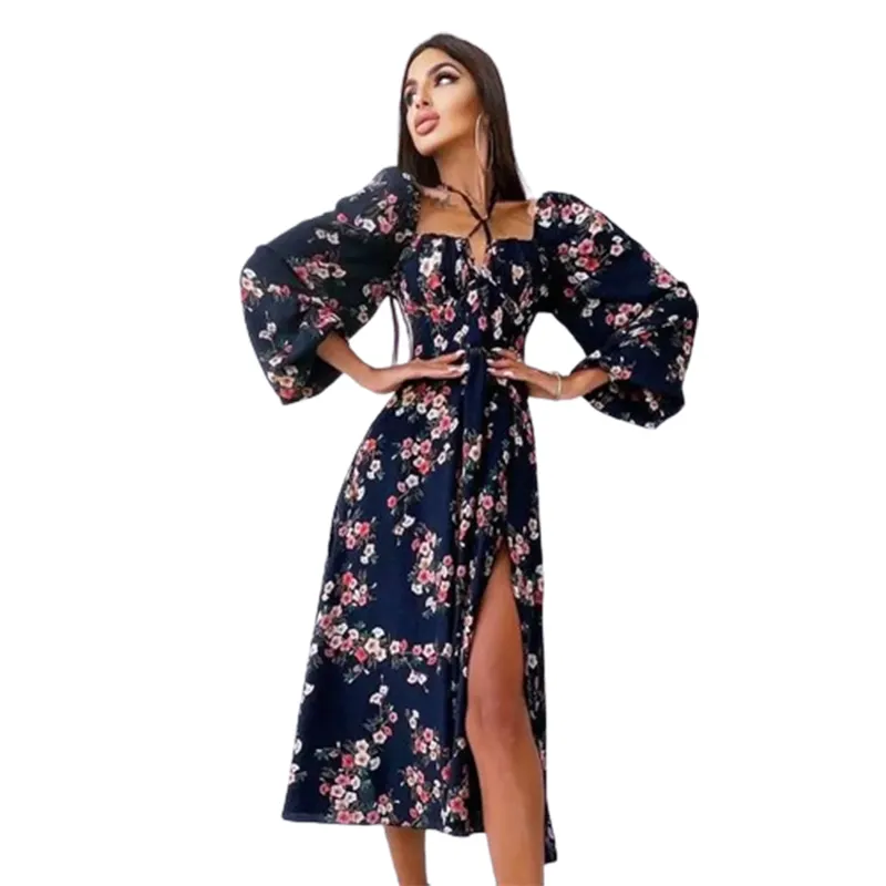 Robe Maxi Florale Taille Haute Décontractée Élégante Lanterne à Manches Longues Mode d'Usine