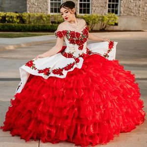 Mumuleo blanco rojo Charro Quinceañera mexicano baile de graduación Vestido de satén escote corazón capilla tren hasta el suelo fiesta de talla grande - Product Image 6