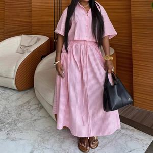 Women's Collared Striped Short-Sleeve Shirt High-Waisted Slim-Fit <b>Tie</b>-Waist Skirt African New Style 2-Piece <b>Set</b> Fashion - Product Image 1