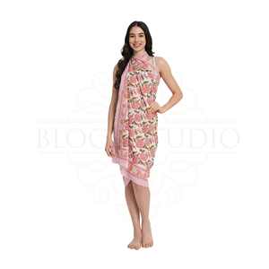 Pareo de algodón con estampado a mano Mughal en rosa, verde y mostaza para mujer, ligero, para cubrir el bikini, ropa de verano - Product Image 2