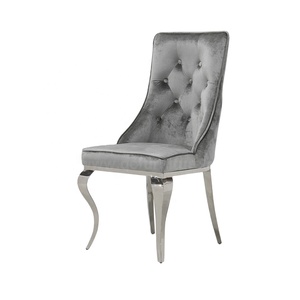 Silla tapizada francesa personalizada para comedor, patas de Metal de acero plateado, color <span class=keywords><strong>gris</strong></span> <span class=keywords><strong>oscuro</strong></span>, acolchada, de tela de terciopelo triturada, para comedor - Product Image 2