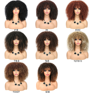 Nouvelle arrivée 16 pouces Afro Kinky Curly Perruque avec Bangs pour les femmes noires Glueless Full and Fluffy Bomb Long Curly Hair Perruques - Product Image 6