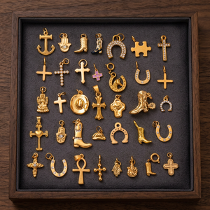 Fortuna de la Fe |   Dijes de Acero Inoxidable con Baño de Oro PVD de 18K, Diseño Vintage de Cruz, Herradura, Hamsa y Circonita |   Impermeable e Hipoalergénico - Product Image 1