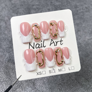 TSZS-<span class=keywords><strong>Faux</strong></span> ongles blancs, pointe française, faits à la main, avec strass, ligne dorée 3D, couverture complète, bâton réutilisable - Product Image 4