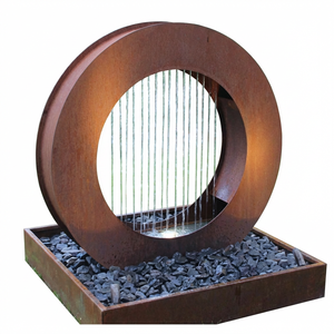 Fontaine d'eau ronde en acier Corten pour extérieur, rideau d'eau de jardin avec éclairage LED, base carrée pour terrasse, patio, décoration paysagère - Product Image 1